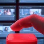 Finger pressing delete button with video screens in background