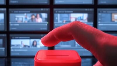 Finger pressing delete button with video screens in background