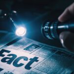 A flashlight illuminates the word 'facts' on a newspaper, symbolizing the search for truth amidst misinformation