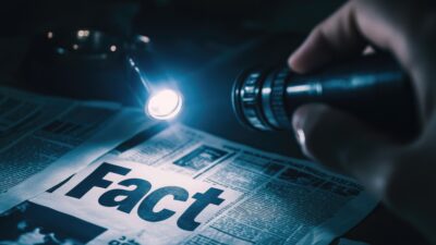 A flashlight illuminates the word 'facts' on a newspaper, symbolizing the search for truth amidst misinformation
