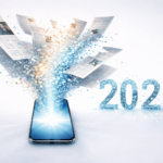 Conceptual illustration showing a newspaper page dissolving into digital particles that flow toward a glowing smartphone displaying a chat interface, representing the transformation of news consumption through AI.