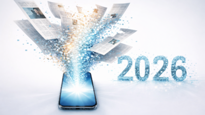 Conceptual illustration showing a newspaper page dissolving into digital particles that flow toward a glowing smartphone displaying a chat interface, representing the transformation of news consumption through AI.