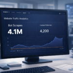 Computer monitor in a newsroom displaying an analytics dashboard with a dark blue interface, showing 4.1 million bot scrapes compared with 4,200 human referrals, highlighting a large disparity in traffic sources