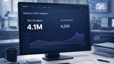 Computer monitor in a newsroom displaying an analytics dashboard with a dark blue interface, showing 4.1 million bot scrapes compared with 4,200 human referrals, highlighting a large disparity in traffic sources