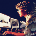 a young man with short hair and glasses, working on a computer in an office room. multiple screens display data visualizations, graphs, charts, web design mockups, and images. the colors are muted, and the lighting is soft, creating a digital art style