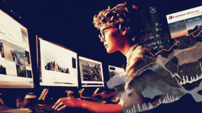 a young man with short hair and glasses, working on a computer in an office room. multiple screens display data visualizations, graphs, charts, web design mockups, and images. the colors are muted, and the lighting is soft, creating a digital art style
