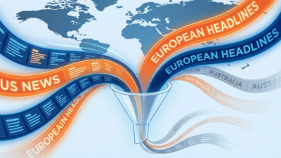 Abstract visualization of global news headlines with Australian content fading