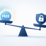 Minimalist illustration of a balance scale tipped slightly, with a glowing “FREE” badge on one side and a shield icon representing data privacy on the other, symbolizing the trade-off between free platforms and control over sensitive information.
