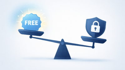 Minimalist illustration of a balance scale tipped slightly, with a glowing “FREE” badge on one side and a shield icon representing data privacy on the other, symbolizing the trade-off between free platforms and control over sensitive information.