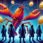 Illustration of a giant orange lobster confronting hooded crypto scammers with Bitcoin coins flying