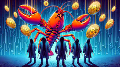 Illustration of a giant orange lobster confronting hooded crypto scammers with Bitcoin coins flying
