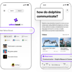 Yahoo Scout mobile app showing home screen and search results with prominent source links highlighted in purple.