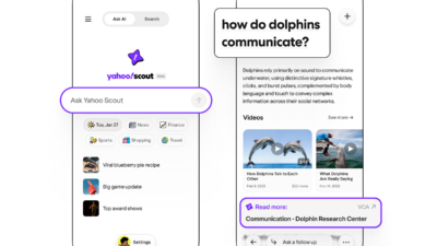 Yahoo Scout mobile app showing home screen and search results with prominent source links highlighted in purple.