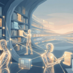 AI agents working together in a vast digital library representing Claude Opus 4.6 capabilities