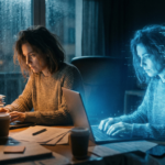 A journalist works at her desk late at night while a translucent AI duplicate made of code sits beside her typing on an identical laptop