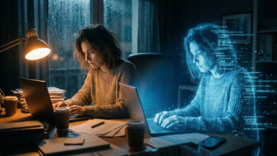 A journalist works at her desk late at night while a translucent AI duplicate made of code sits beside her typing on an identical laptop