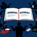 Bold graphic illustration of journalists surrounding an open policy book labeled Appropriate and Responsible, all gesturing in confusion