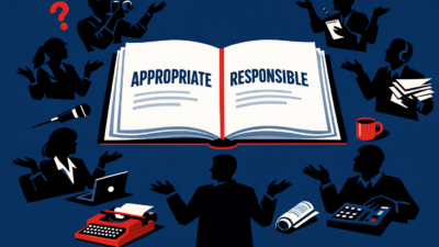 Bold graphic illustration of journalists surrounding an open policy book labeled Appropriate and Responsible, all gesturing in confusion