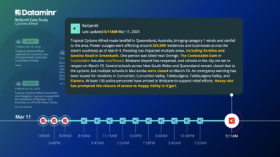 Screenshot of Dataminr breaking news detection dashboard showing geographic filters and alert tiers for local news coverage areas