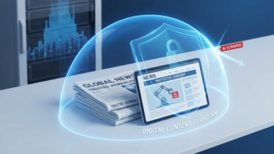 Digital shield protecting newspaper and website content from AI scraper