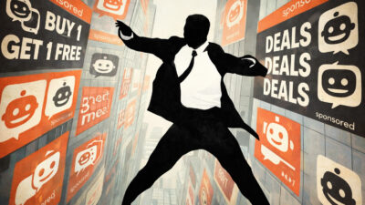 man falling among AI ads