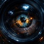 Macro photo-illustration of a human eye inside a camera lens with a cracking digital grid pattern on the iris