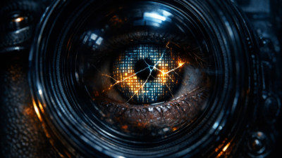 Macro photo-illustration of a human eye inside a camera lens with a cracking digital grid pattern on the iris