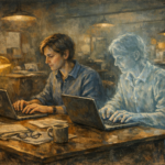 Painterly illustration of a journalist and translucent AI ghost typing on laptops in a dimly lit newsroom