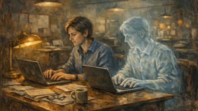Painterly illustration of a journalist and translucent AI ghost typing on laptops in a dimly lit newsroom