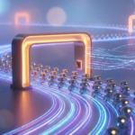 Digital tollbooth on a glowing information highway with AI bots queuing to pay for publisher content access