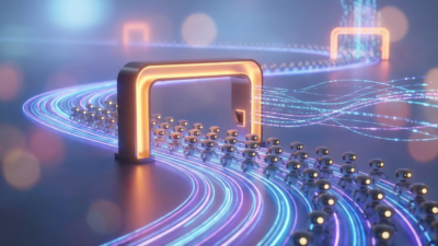 Digital tollbooth on a glowing information highway with AI bots queuing to pay for publisher content access