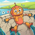 Claude AI mascot frantically plugging leaks in a dam with source code gushing out — illustrating Anthropic's Claude Code source leak