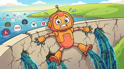 Claude AI mascot frantically plugging leaks in a dam with source code gushing out — illustrating Anthropic's Claude Code source leak