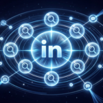 LinkedIn logo as the central node in a glowing network graph, with AI search platforms orbiting around it