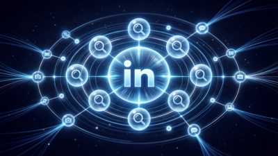LinkedIn logo as the central node in a glowing network graph, with AI search platforms orbiting around it