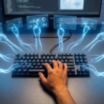 Human hand on keyboard with ghostly AI agent hands working on floating task panels — illustrating Microsoft Copilot agentic workflows