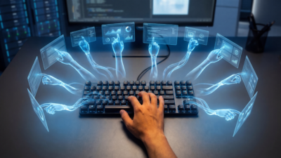 Human hand on keyboard with ghostly AI agent hands working on floating task panels — illustrating Microsoft Copilot agentic workflows