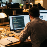 Journalist building a tool at a newsroom desk with code and articles on screen — illustrating hands-on AI adoption in journalism
