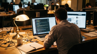 Journalist building a tool at a newsroom desk with code and articles on screen — illustrating hands-on AI adoption in journalism