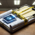 A mousetrap made of legal documents with a glowing chatbot interface as bait — illustrating Perplexity's entrapment argument against News Corp