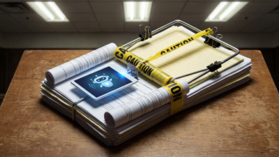 A mousetrap made of legal documents with a glowing chatbot interface as bait — illustrating Perplexity's entrapment argument against News Corp