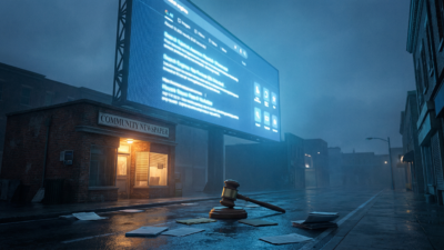 Small newspaper building dwarfed by a glowing Google search page with a gavel on the ground between them — illustrating the dismissed antitrust lawsuit