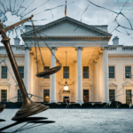 White House seen through AI circuit patterns with tilted scales of justice — illustrating the administration's AI policy framework favoring tech companies over publishers