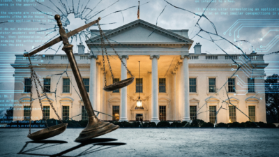 White House seen through AI circuit patterns with tilted scales of justice — illustrating the administration's AI policy framework favoring tech companies over publishers