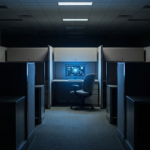 A row of empty corporate office cubicles in darkness with one glowing AI terminal screen casting blue light