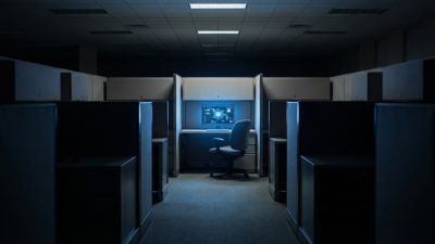 A row of empty corporate office cubicles in darkness with one glowing AI terminal screen casting blue light