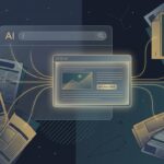 Editorial illustration showing newspaper clippings being pulled into an AI search answer panel with a sponsored ad tag