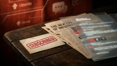 Editorial still life of subscription cards and citation evidence with AI summary panels