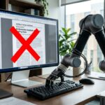 An AI robot at a desk with a red X over its output