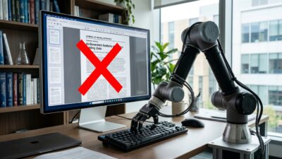 An AI robot at a desk with a red X over its output